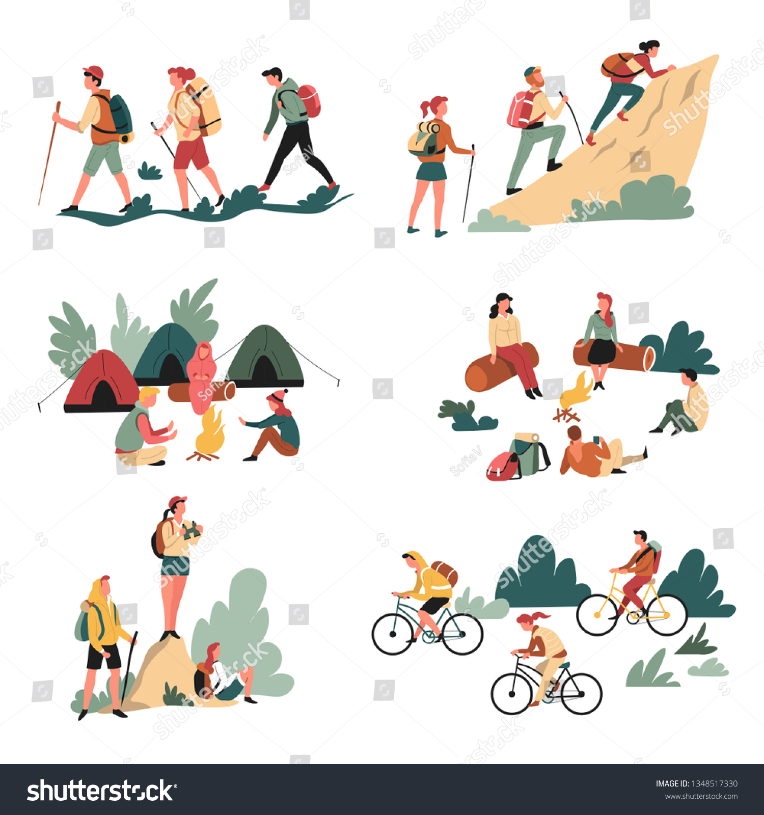 Camping and bicycles walking and campfire hiking outdoor activity vector hikers or tourists with backpacks climbing mountain riding bike bonfire tents and binocular sitting on logs in forest travel