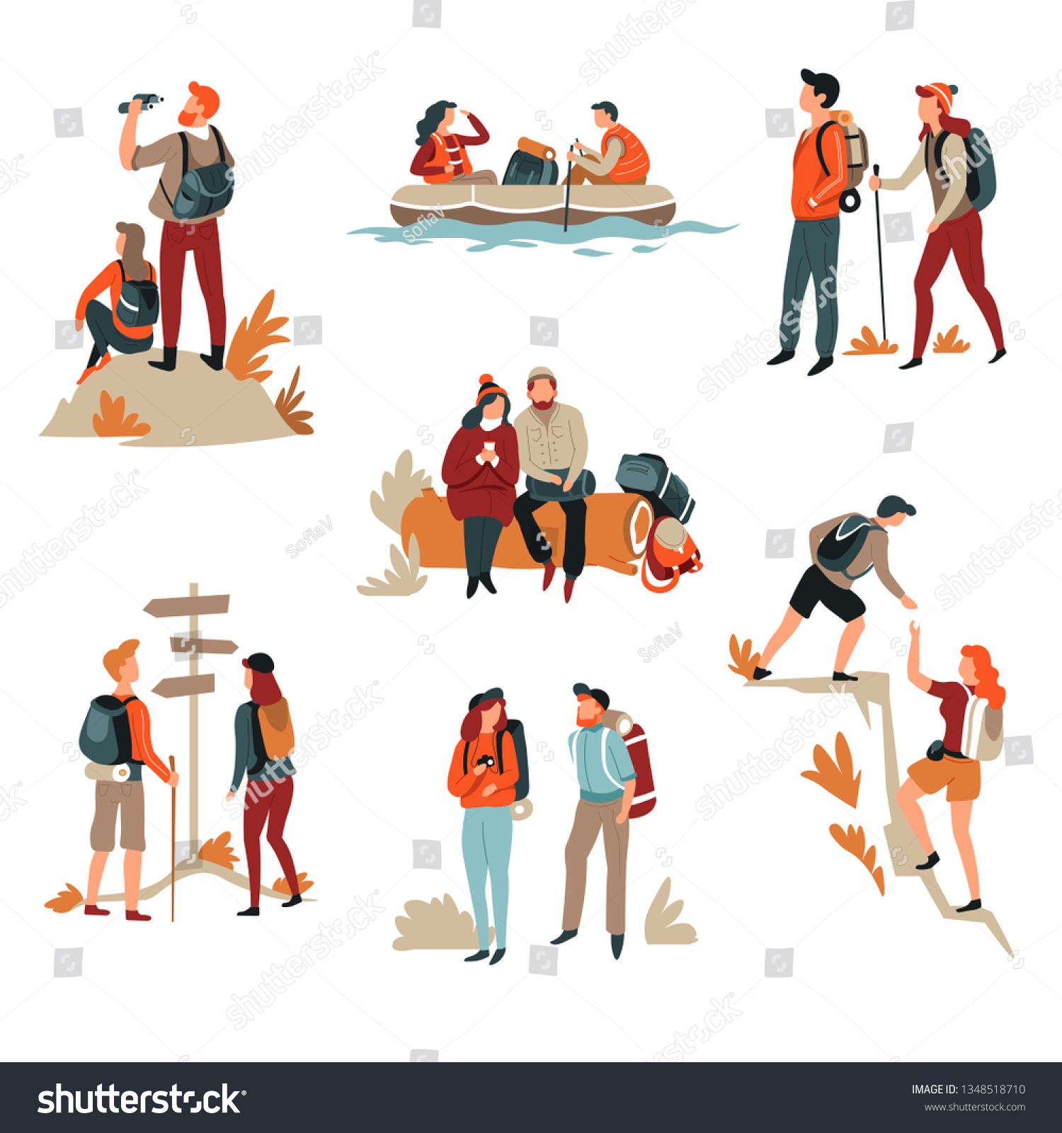 Traveling couple hiking man and woman active lifestyle outdoor activity vector walking trip mountains or cliff river rafting inflatable boat backpack and tent camping backpacking boyfriend girlfriend #1348518710