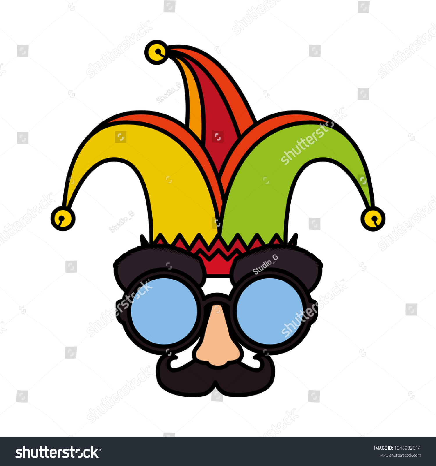 Fools Day Mask Glasses And Mustache With Joker Royalty Free Stock Vector 1348932614 