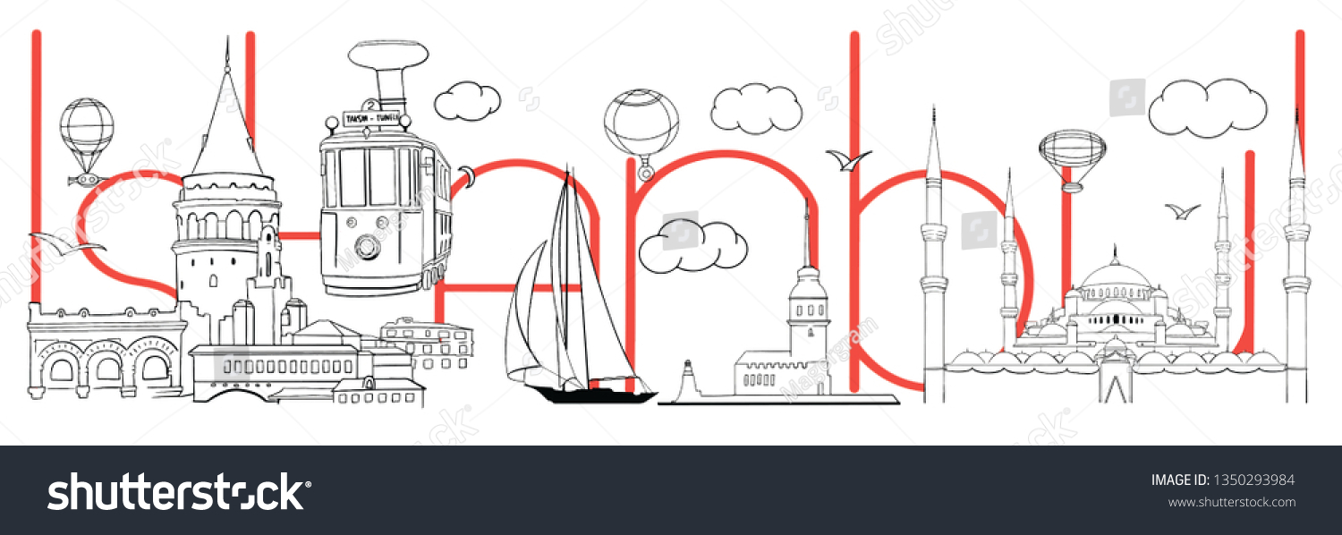 Istanbul doodle silhouette. Vector skyline illustration - clouds, balloons. Collage or city panorama #1350293984