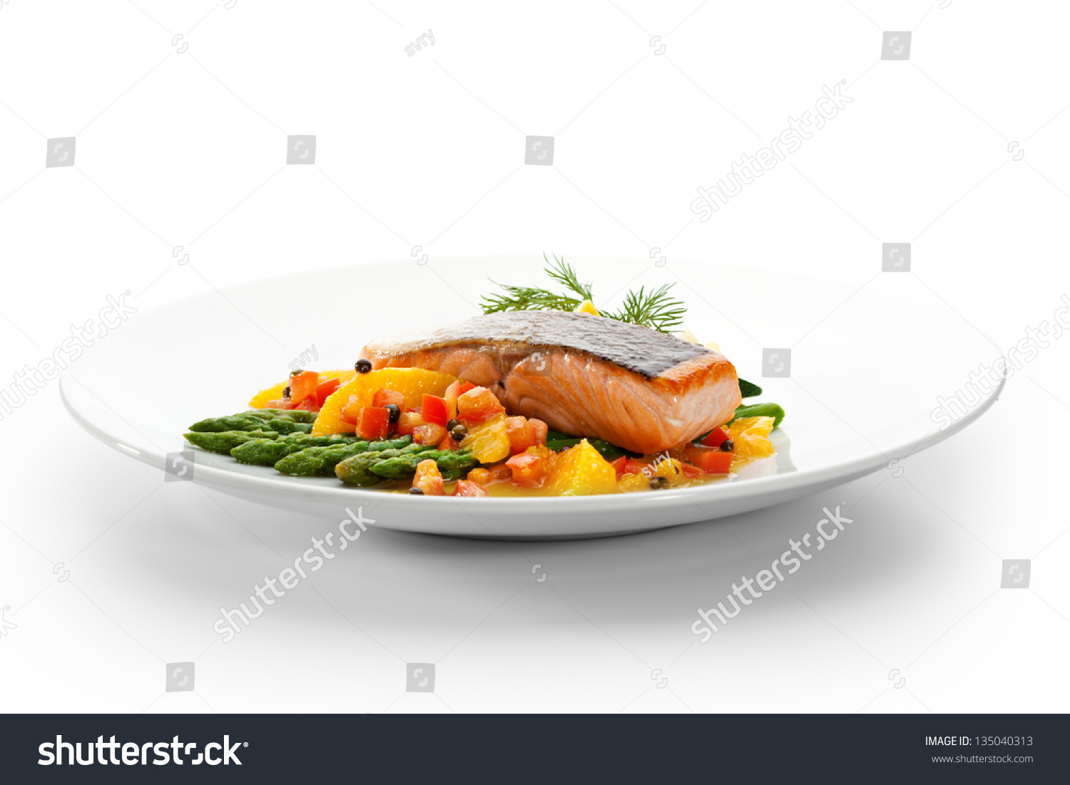 Salmon Steak with Fruits, Vegetables, Asparagus and Lemon #135040313
