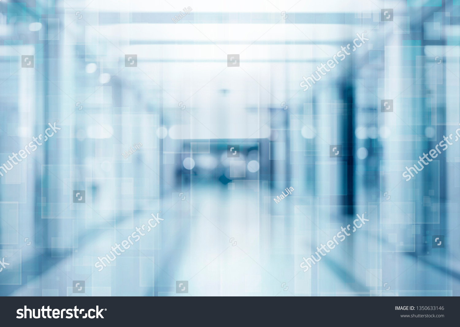 abstract defocused blurred technology space background, empty business corridor or shopping mall. Medical and hospital corridor defocused background with modern laboratory (clinic) #1350633146