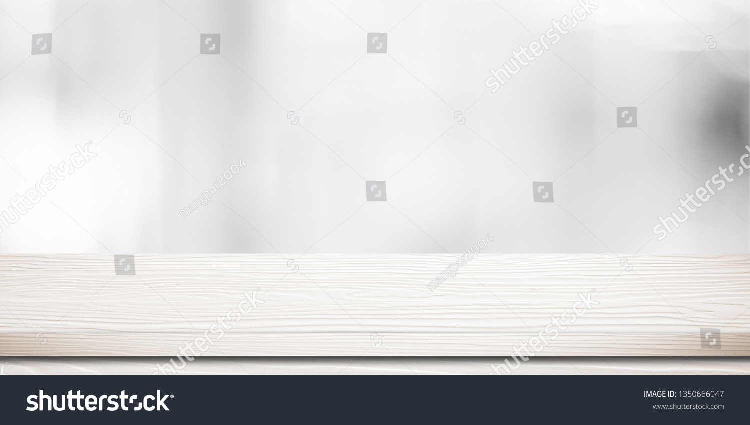 White table presentation, desk and blur background, Empty wood counter, shelf surface over blur restaurant white bokeh background, Wood table top for retail shop, store product display banner, mock up #1350666047