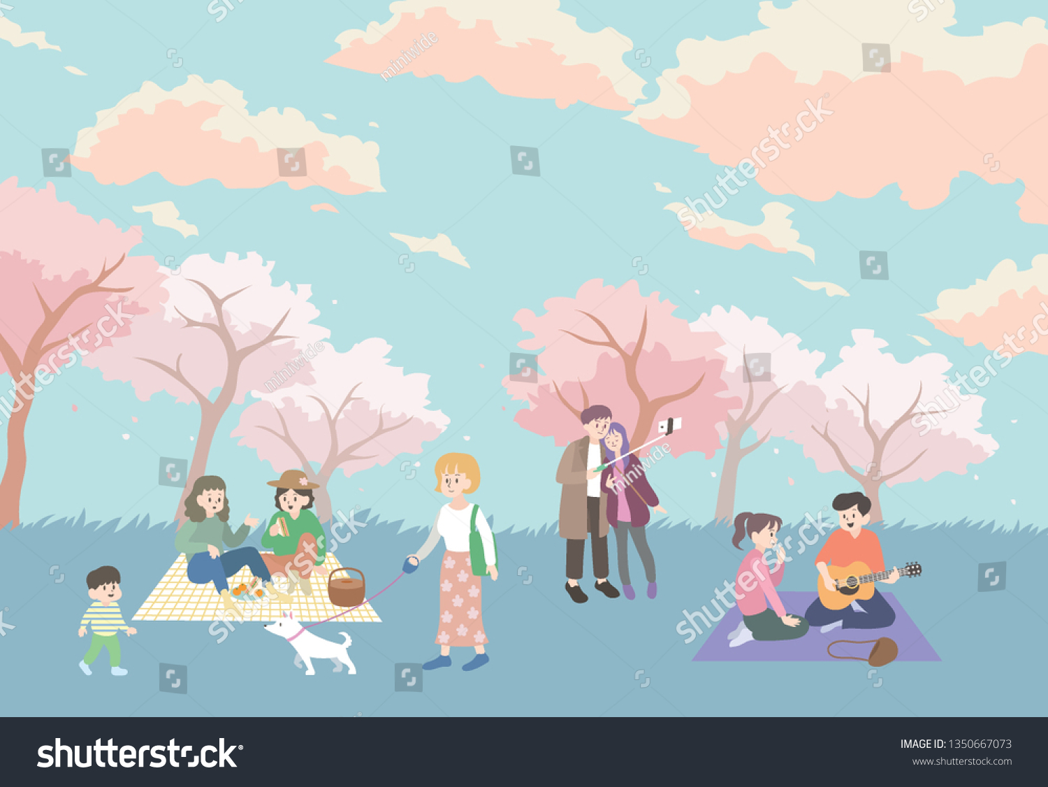 People sit in cherry blossom park and enjoy - Royalty Free Stock Vector ...