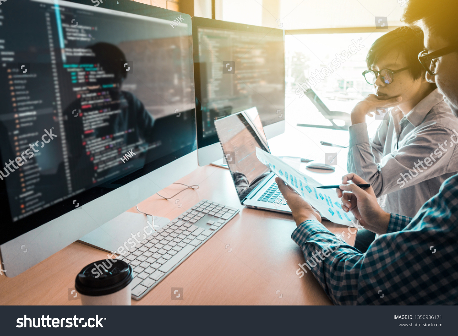 programming and coding technologies. Website design. Programmer working business in software develop company office screen computer background #1350986171
