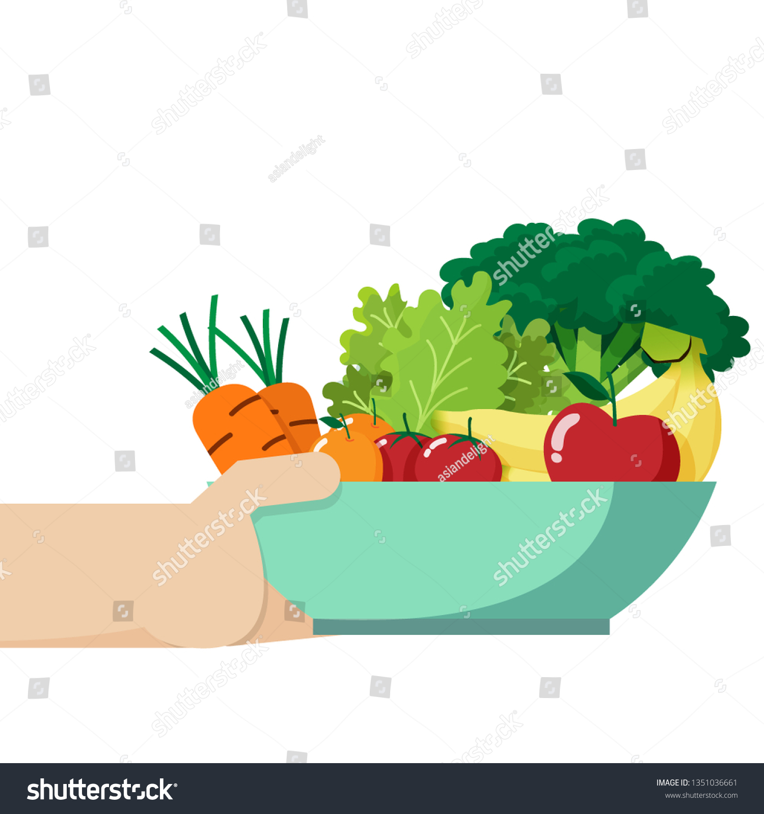 hand holding a bowl be full of fresh vegetable and fruit inside , isolated on white background with copy space #1351036661