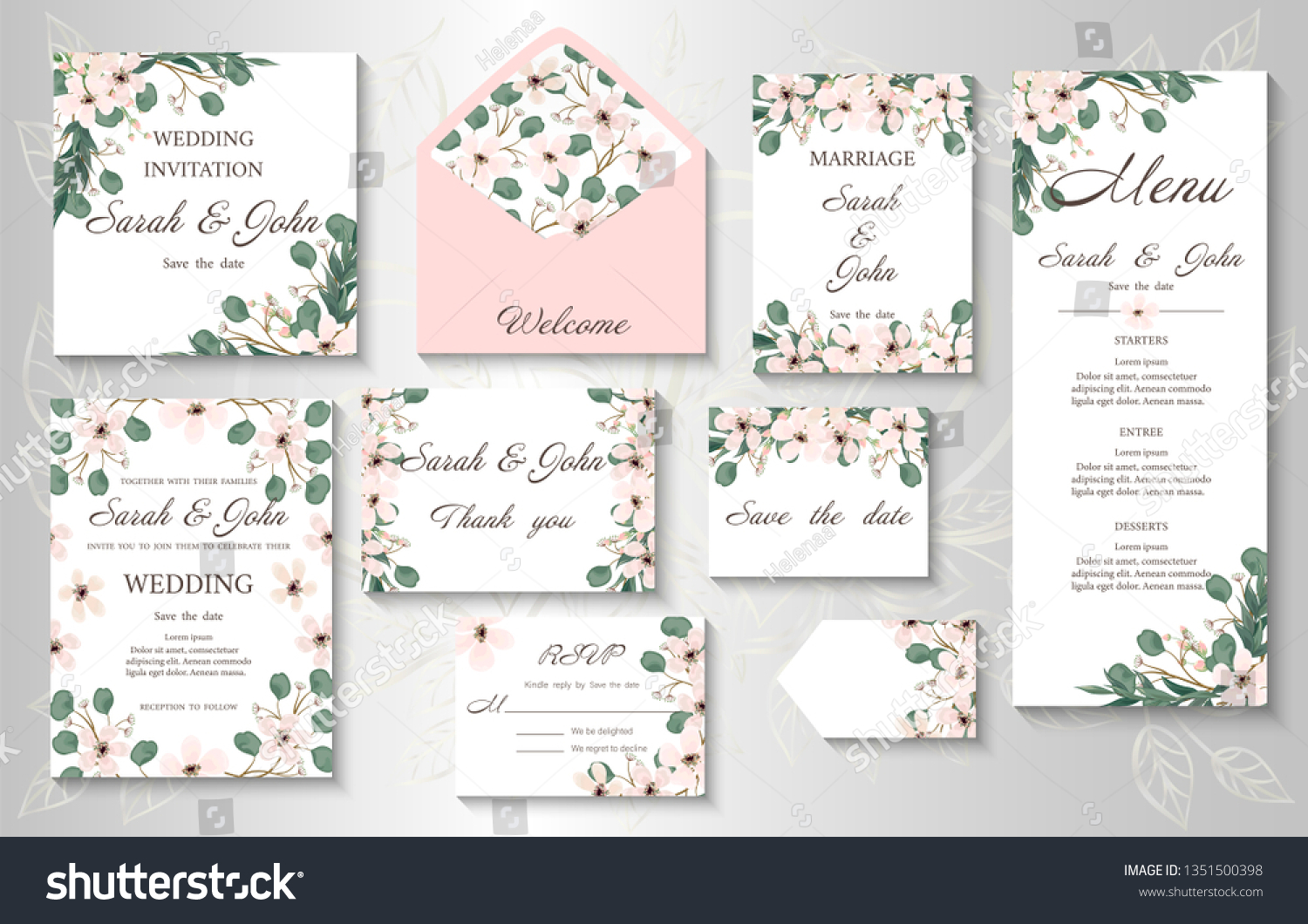 Wedding invitation, menu, information, label, card design with  gently pink watercolor flowers. Template set. Vector illustration.  #1351500398