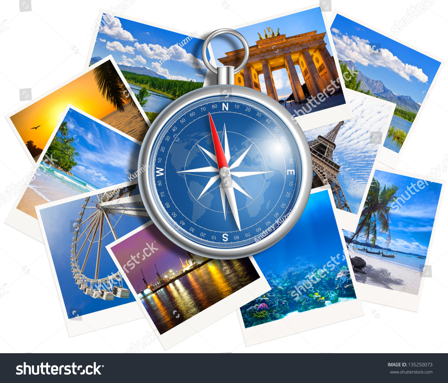 Traveling photos collage with compass isolated on white background #135250073