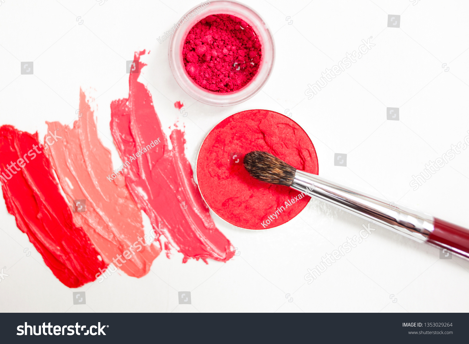 Lipstick and lip gloss, drops and strokes of different shades With brushes for application and shading, white background #1353029264