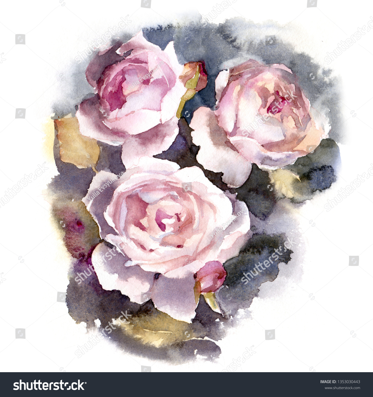 Three roses. Watercolor illustration. #1353030443