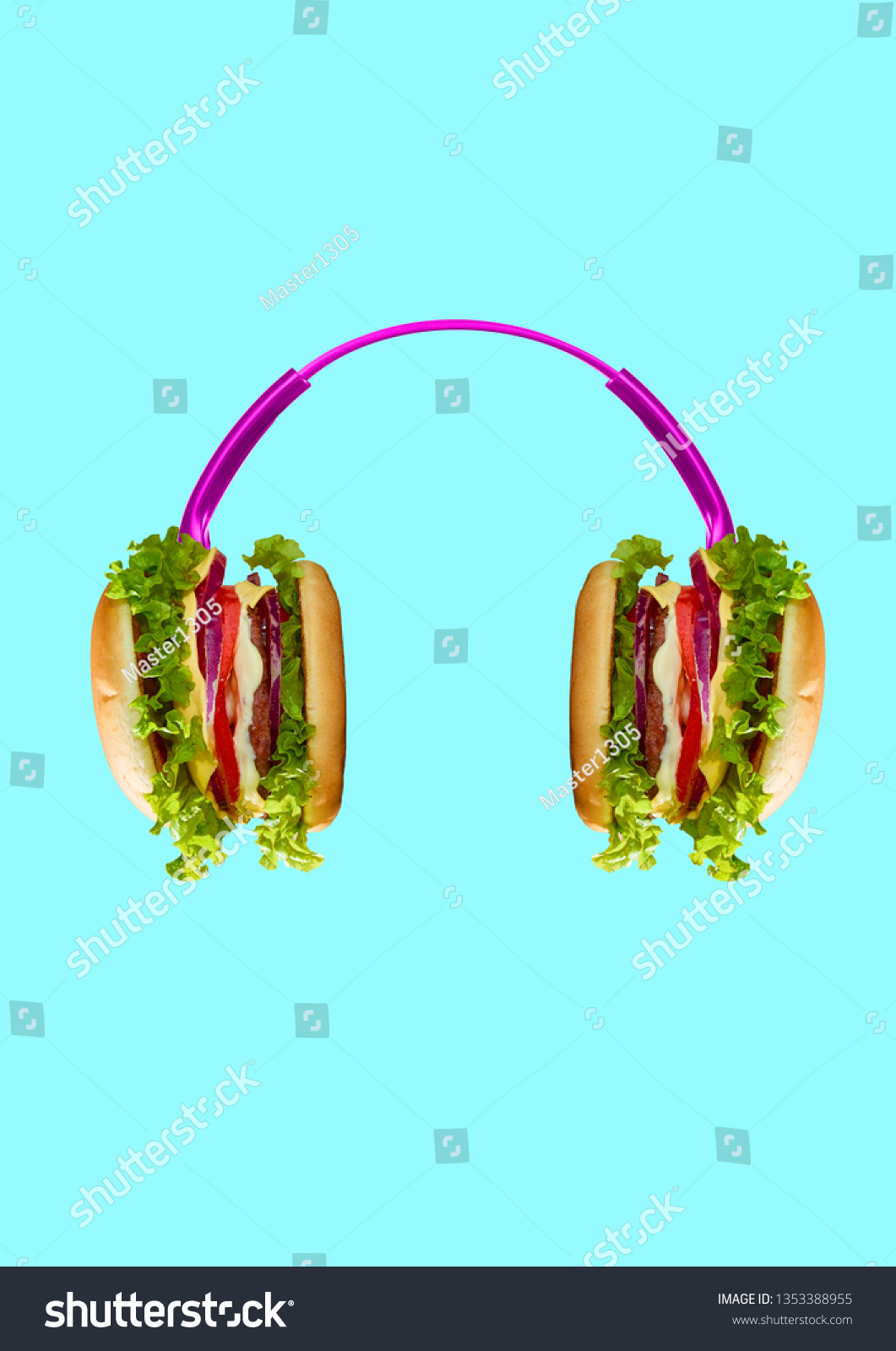 Music tastes so delicious. Pink headphones with burgers as a dynamics against light blue background. Modern art collage. Negative space. Contemporary pop design. Tasty food and juicy sound concept. #1353388955