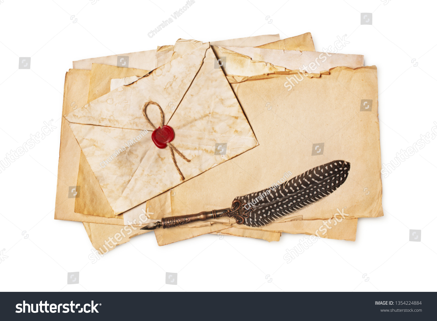 Vintage composition with yellowed letters in envelope and luxury quill pen isolated on white background #1354224884