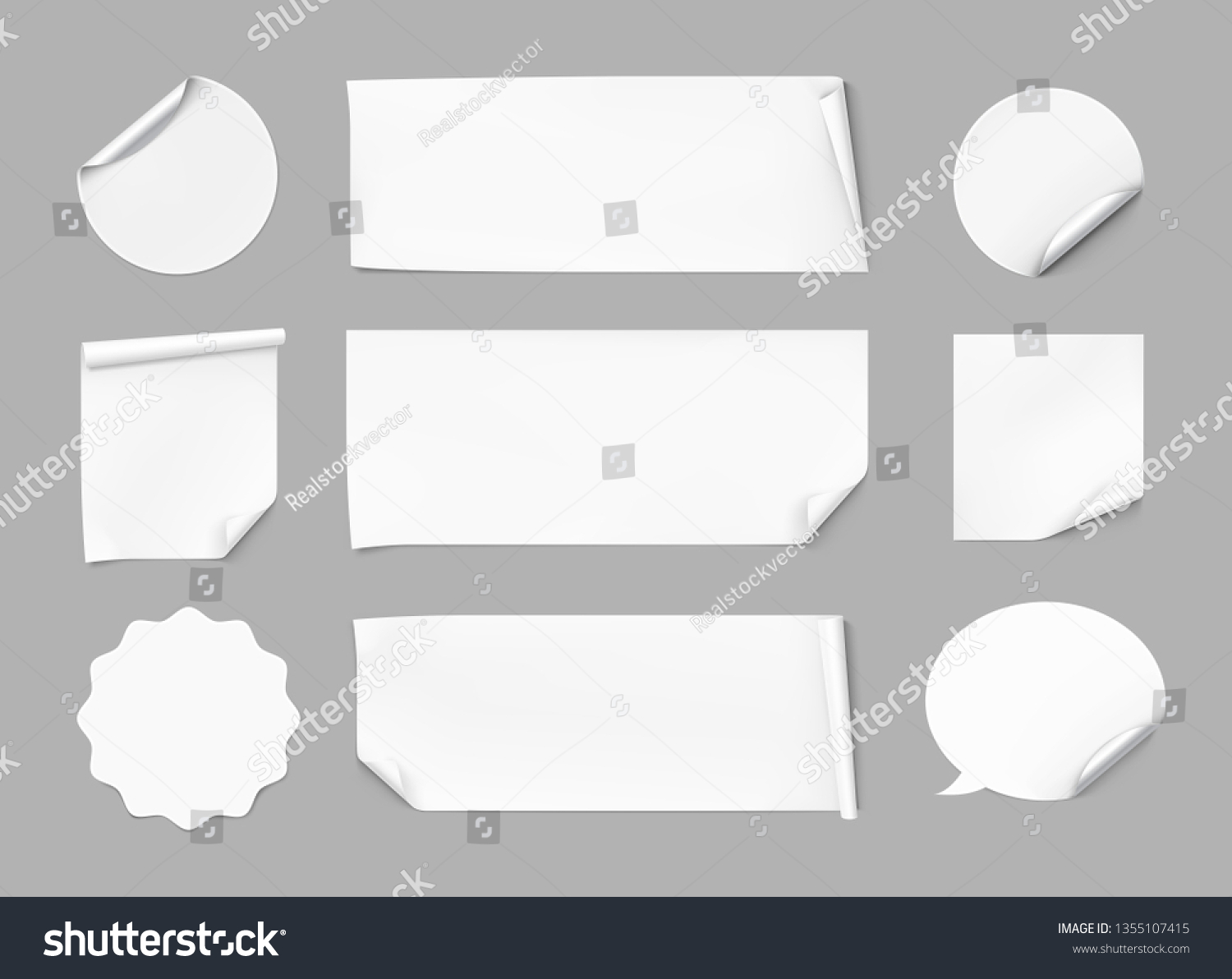 Curled stickers set. Vector illustration on gray background. Can be use for template your design, promo, adv. EPS10. #1355107415