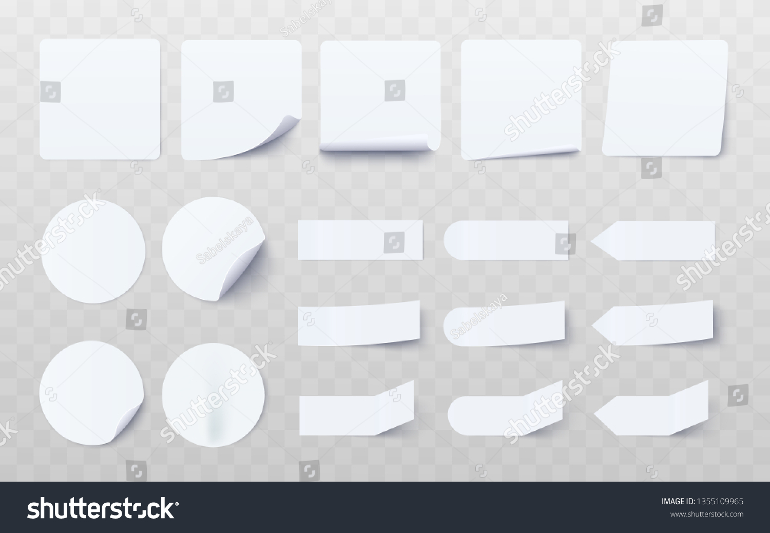 Set of white different shaped stickers and flags realistic style, vector illustration isolated on transparent background. Blank adhesive sheets of adhesive notes paper for labeling information #1355109965