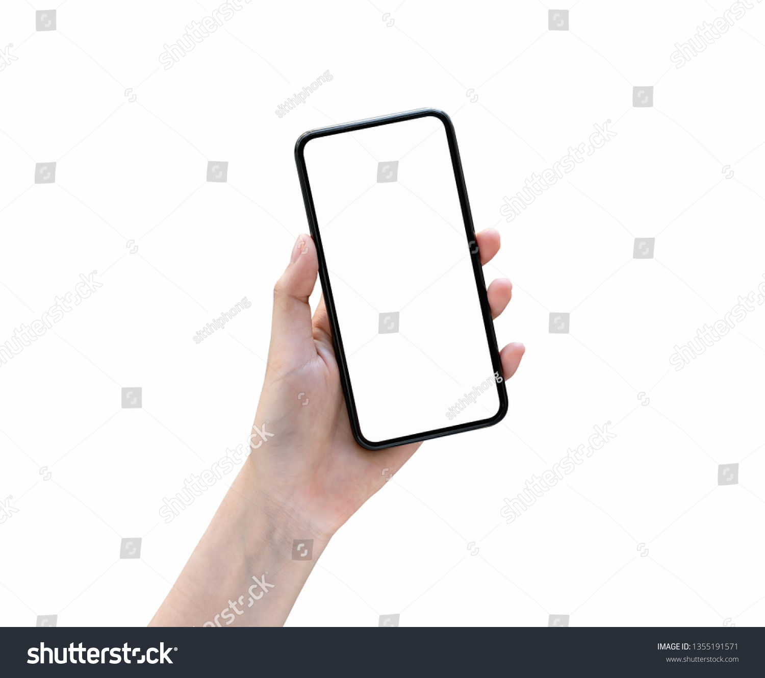Hand holding smartphone blank screen on isolated. Take your screen to put on advertising.  #1355191571