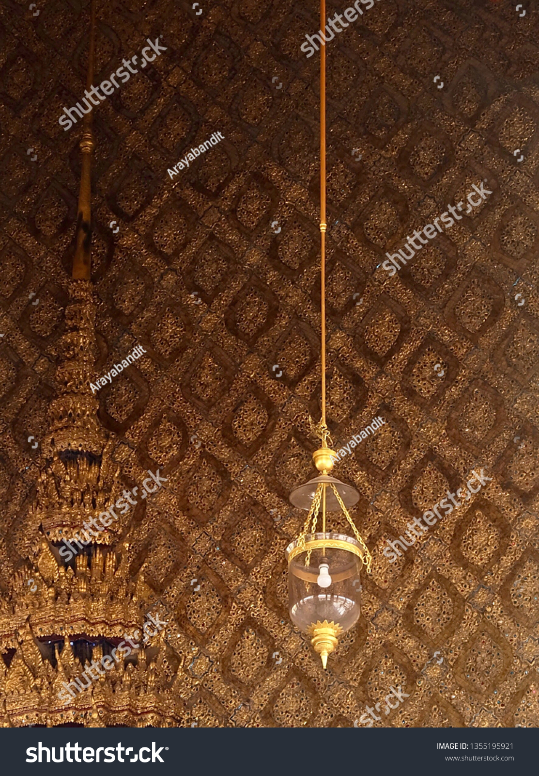 Beautiful Lighting Pendant Lamp or Ceiling Lamp in Chapel at Wat Phra Kaew Temple and The Grand Palace. Bangkok, Thailand. #1355195921