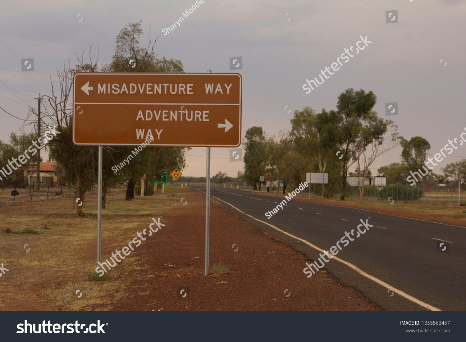 A road sign, changed to read Misadventure Way one way, adventure way the other, with an empty bitumen road running past #1355563457