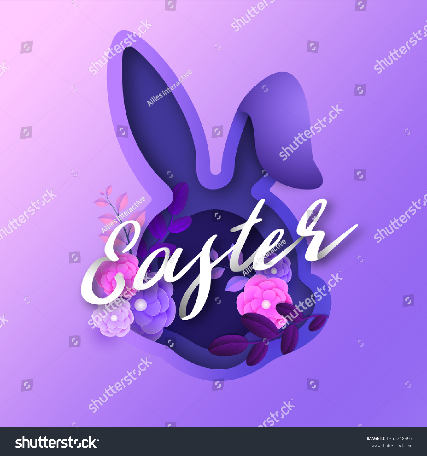 Paper cut poster or flyer design with illustration of beautiful flower and bunny ears purple background for Easter Party Celebration. Also can be used for greeting card. #1355748305