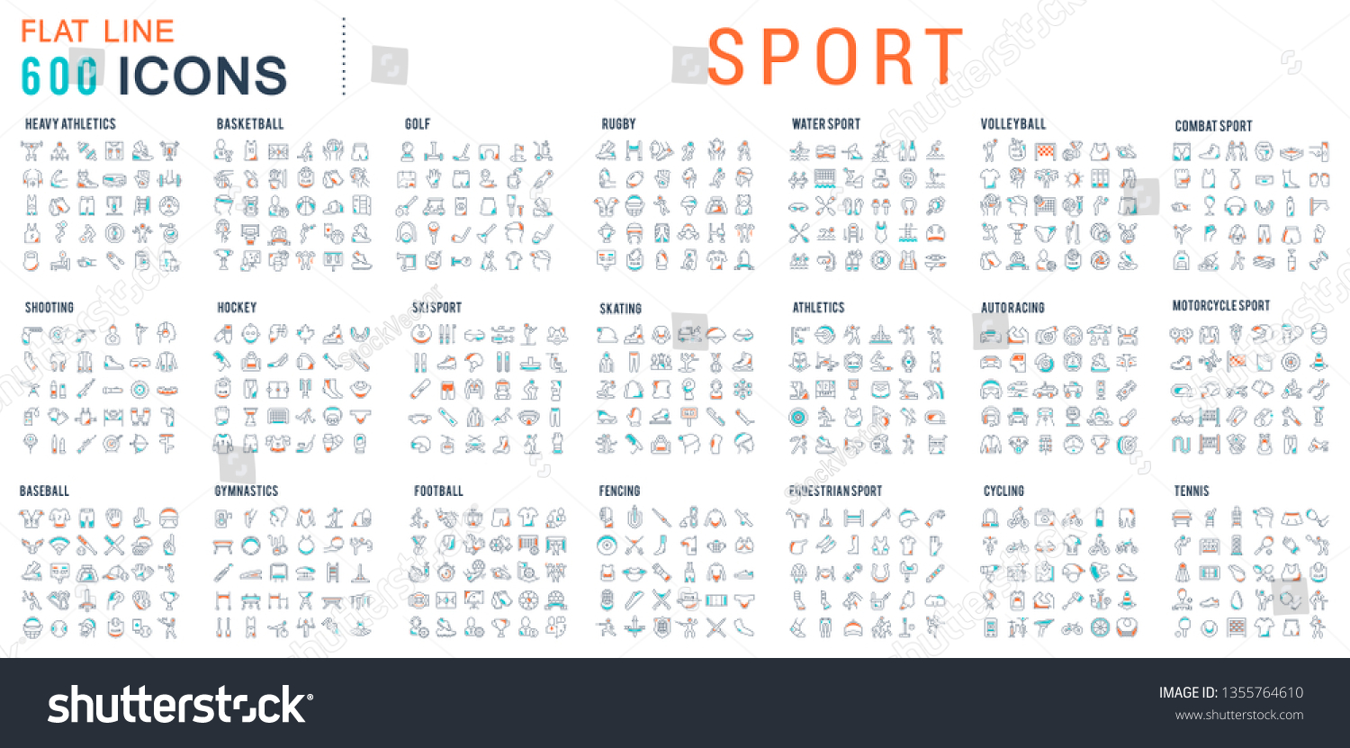 Collection of vector line icons of sport. Icons of active lifestyle, hobbies, sports equipment and clothing. Set of flat signs and symbols for web and apps. #1355764610