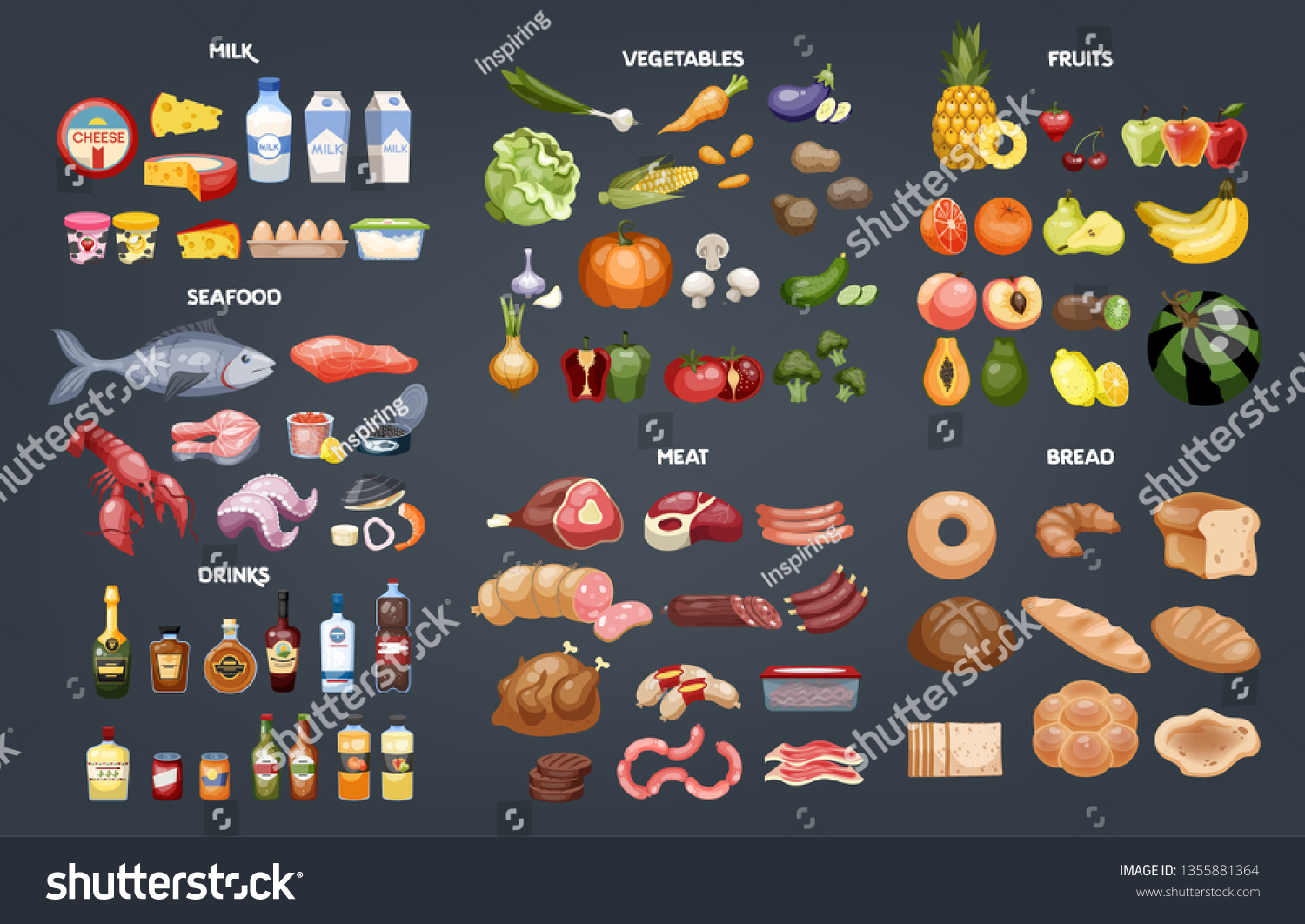 Food set. Collection of various meal, fish and meat, vegetables and bread. Healthy fresh nutrition. Ingredients for cooking. Vector illustration in cartoon style #1355881364