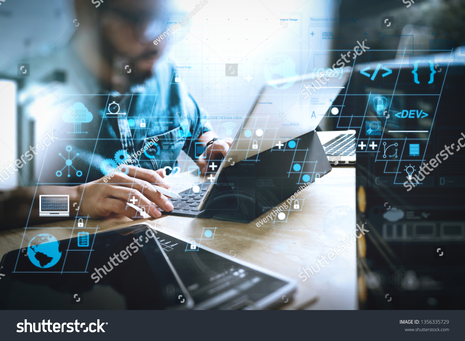 Coding software developer work with AR new design dashboard computer icons of scrum agile development and code fork and versioning with responsive cybersecurity.Co working process, team working. #1356335729