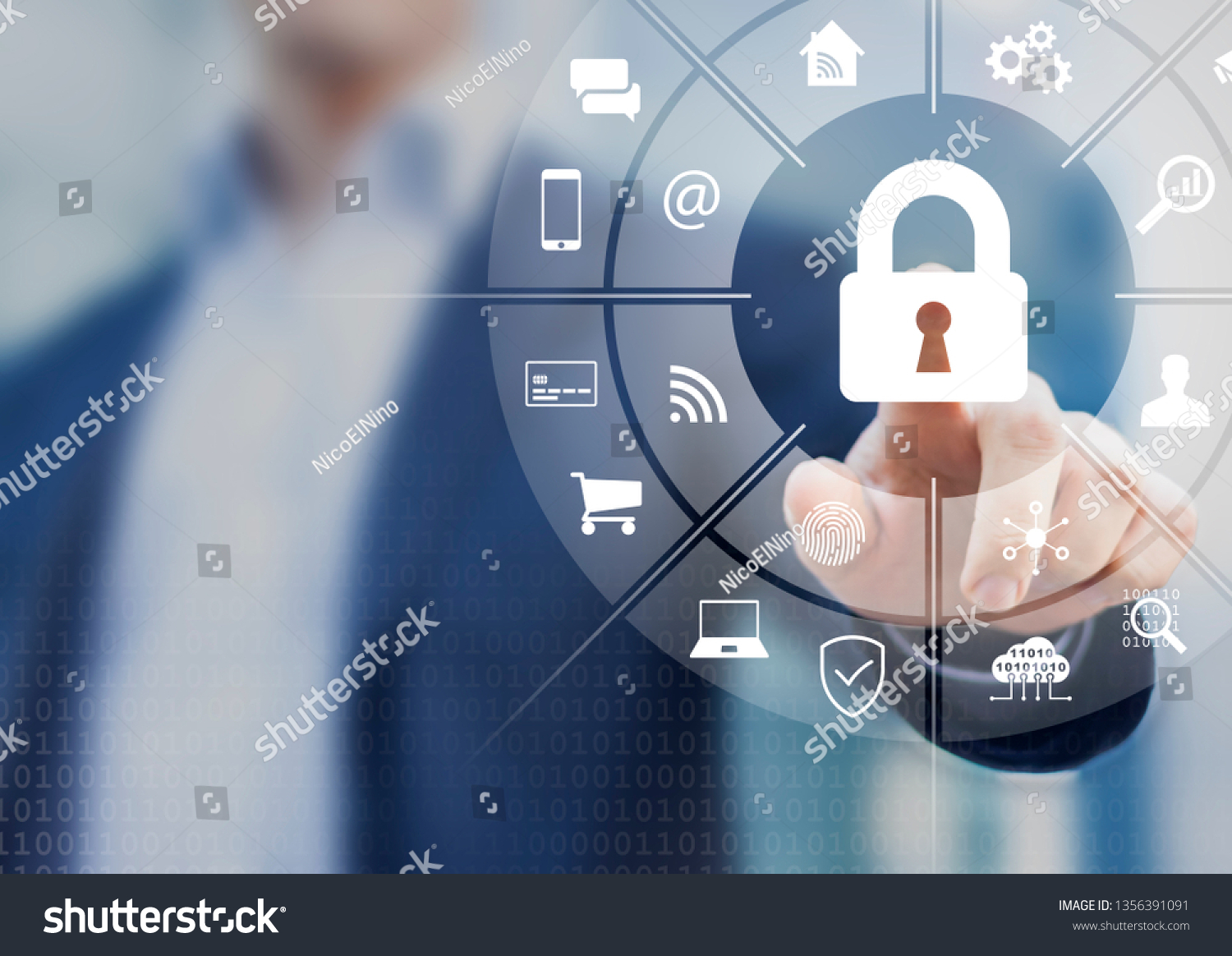 Cybersecurity on internet with person touching interface with icons of wireless network connection access on mobile, online payment, smartphone app, smart home, IoT, protect data against cyber crime #1356391091