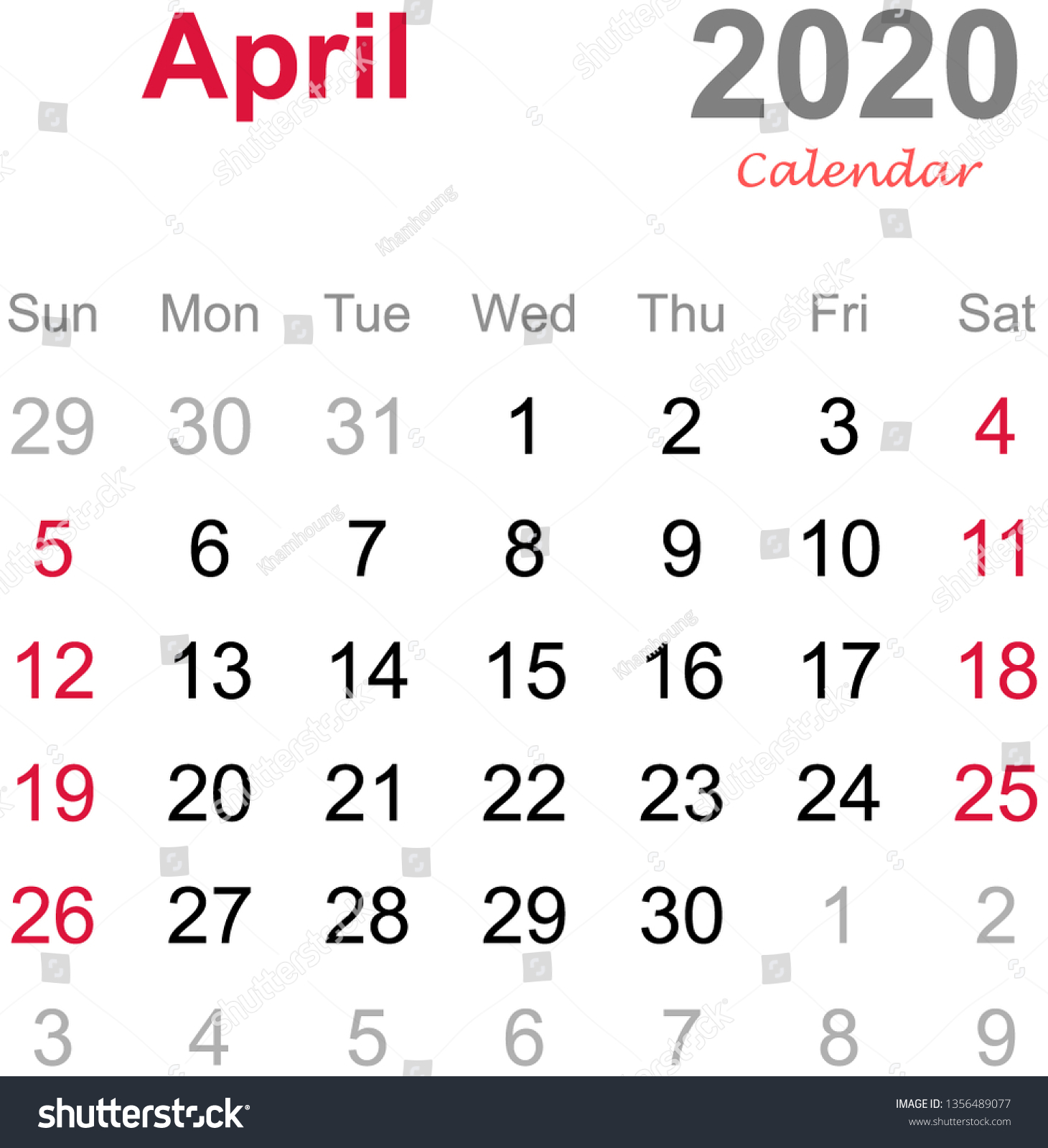 April 2020 calendar - monthly calendar template - Royalty Free Stock ...