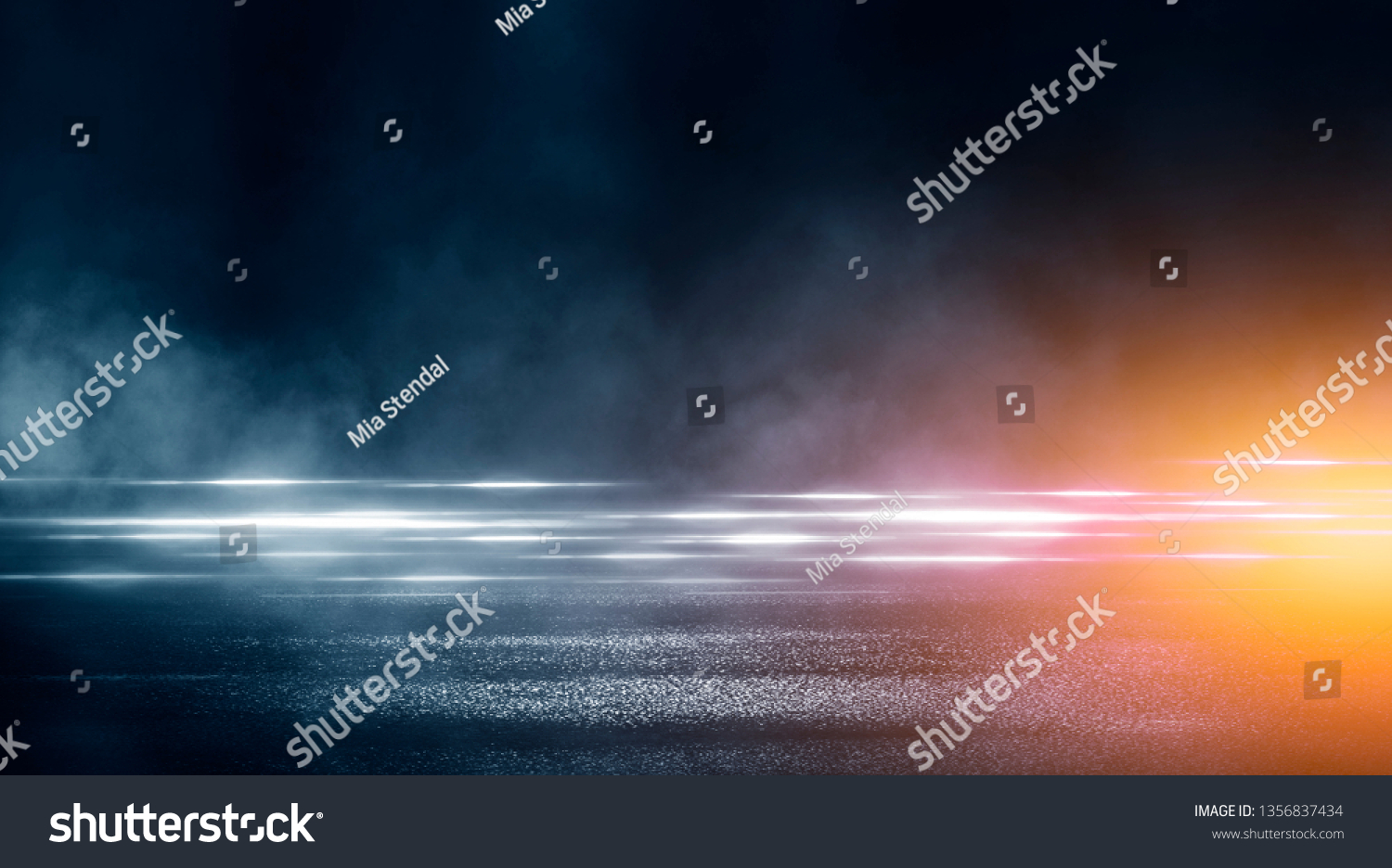 Wet asphalt, reflection of neon lights, a searchlight, smoke. Abstract light in a dark empty street with smoke, smog. Dark background scene of empty street, night view #1356837434