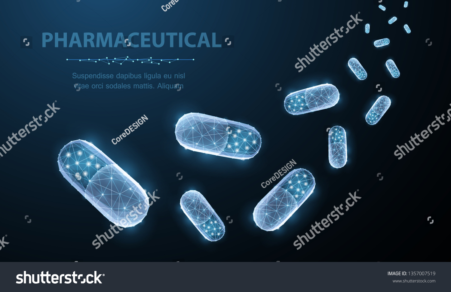 Pills. Abstract polygonal capsule pills falling on blue. Medical, pharmacy, health, vitamin, antibiotic, pharmaceutical, treatment concept illustration or background #1357007519
