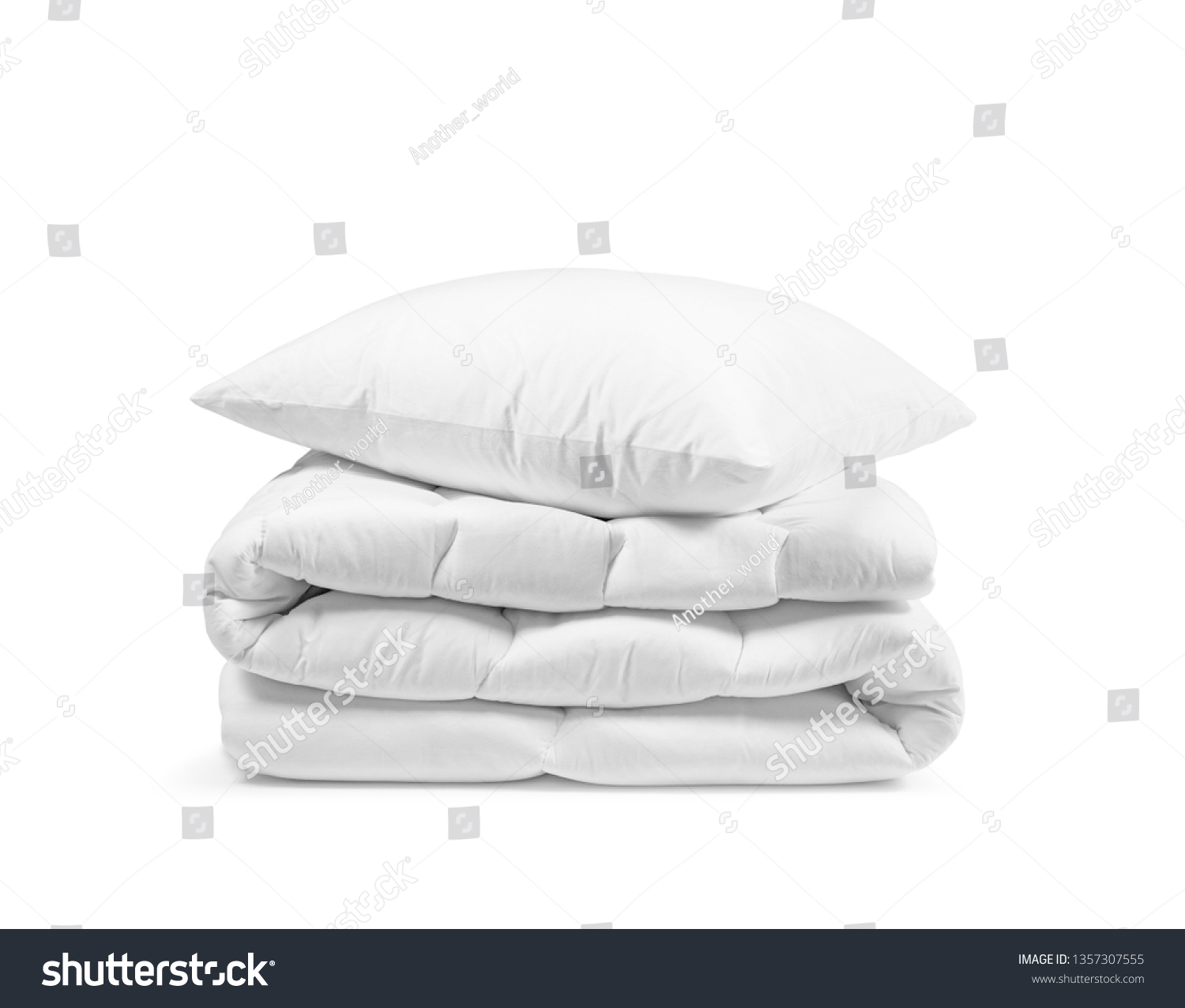 Stack of beddings on the white background, white pillow on the duvet isolated, bedding objects isolated against white background, bedding items catalog illustration, bedding mockup #1357307555
