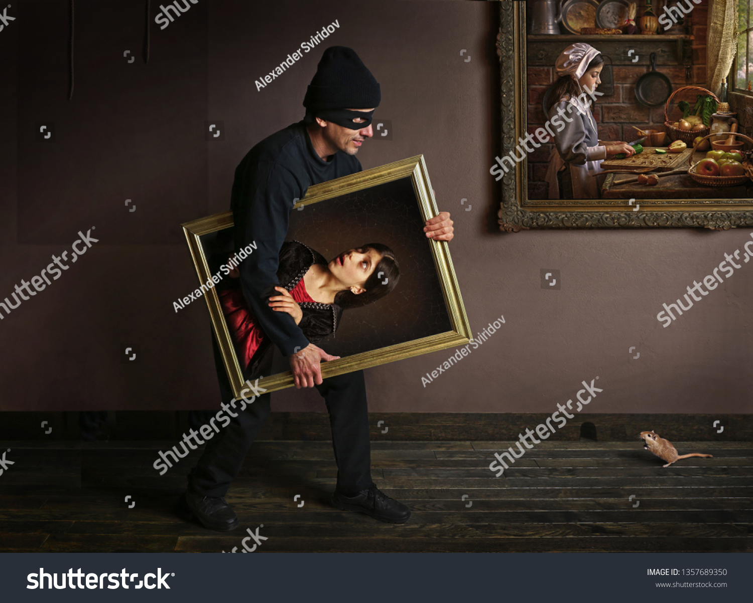 Thief in museum. Surrealistic image with painting comes to be alive. #1357689350