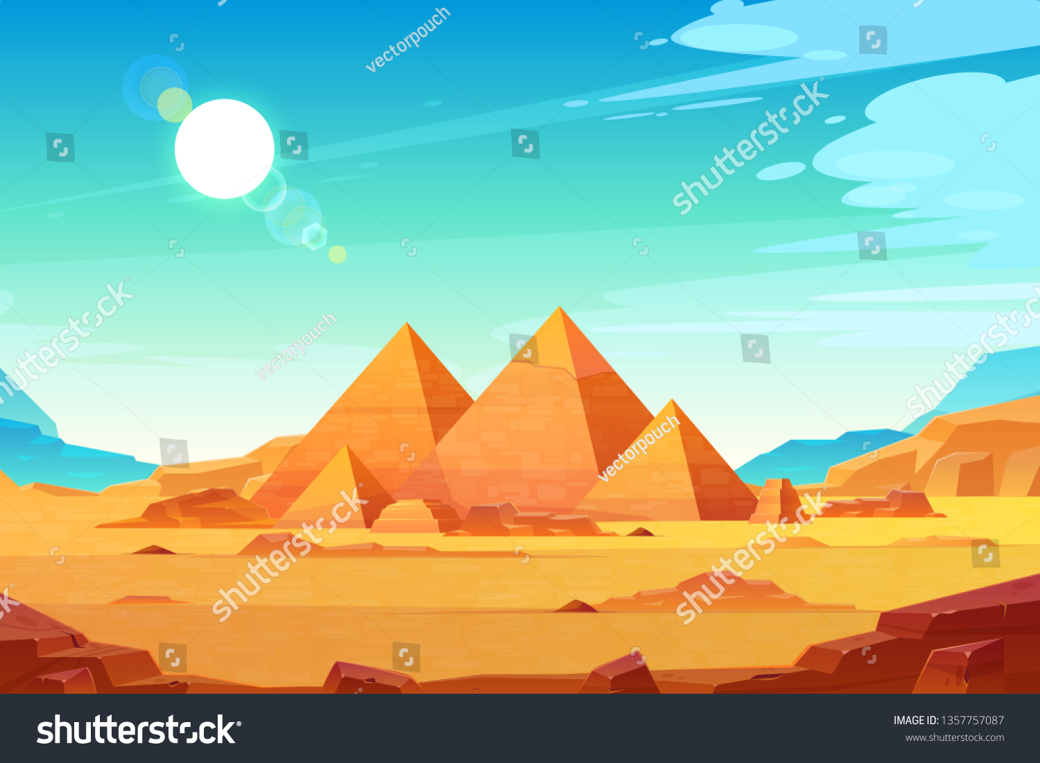 Giza plateau landscape with egyptian pharaohs pyramids complex illuminated with bright sunlight cartoon vector background. Ancient historical, famous touristic attractions in african desert #1357757087