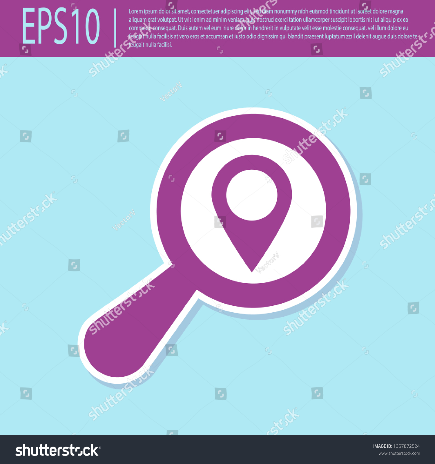 Retro purple Search location icon isolated on turquoise background. Magnifying glass with pointer sign. Flat design. Vector Illustration #1357872524