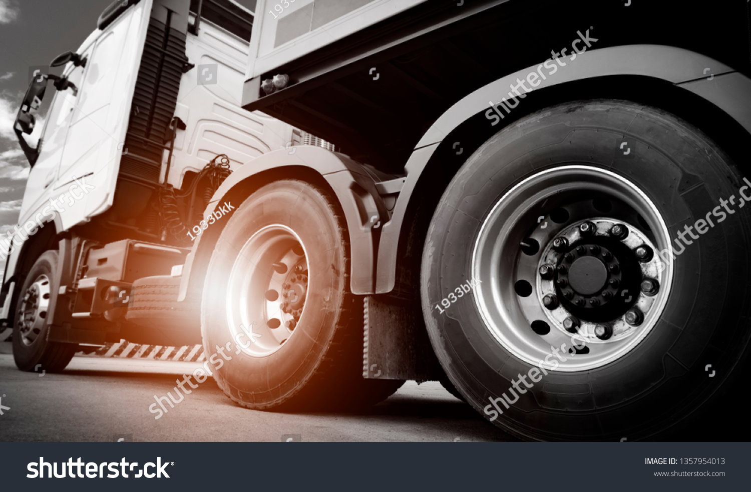 Truck transportation, close up wheel of semi truck.