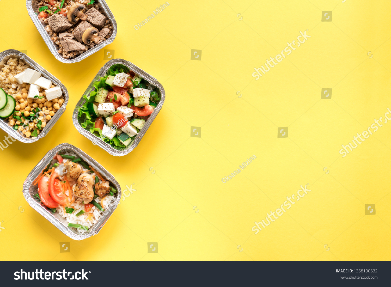 Healthy food delivery. Take away of organic daily meal on yellow, copy space. Clean eating concept, healthy food, fitness nutrition take away in foil boxes, top view. #1358190632