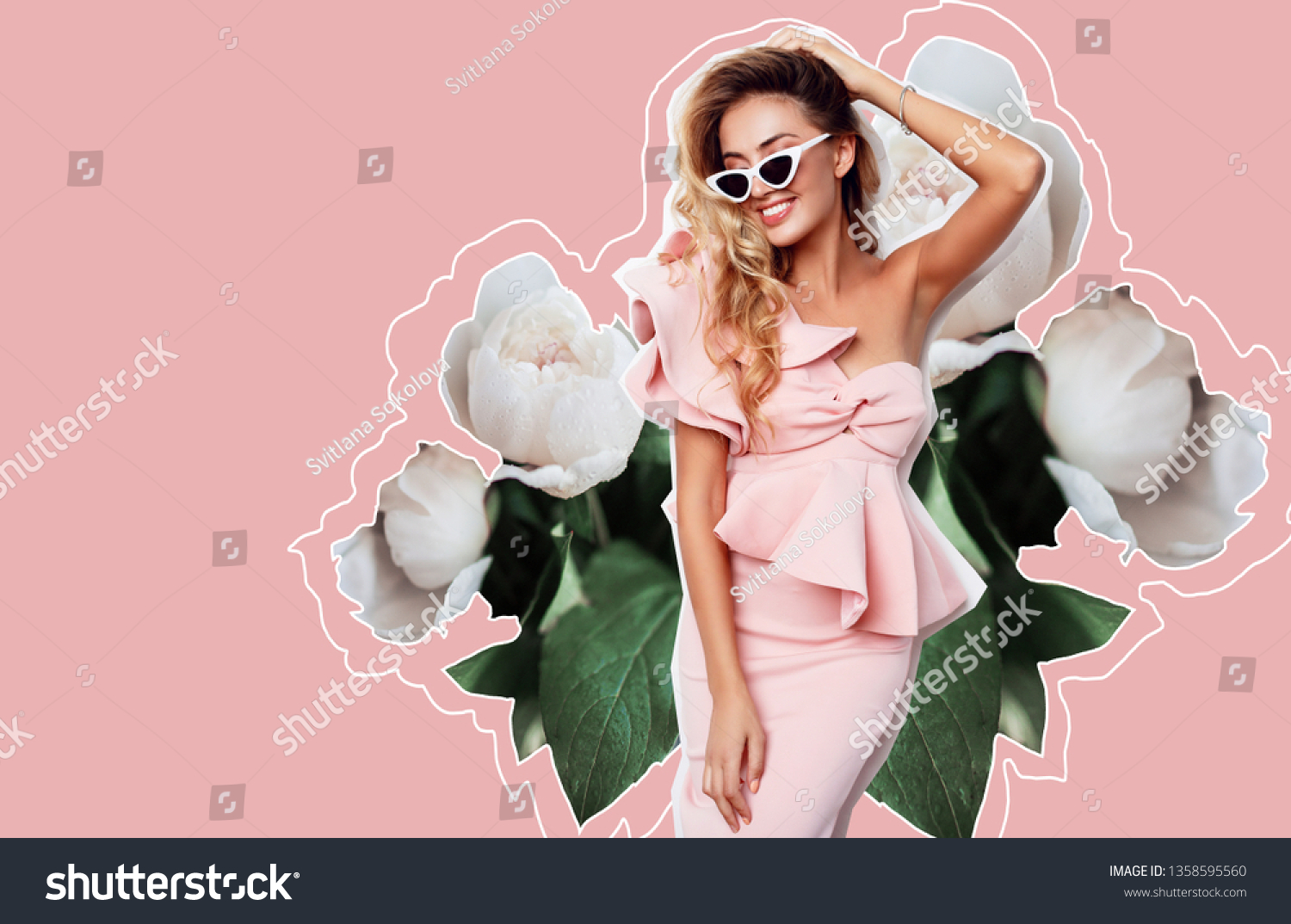Fashion  collage  image of gorgeous elegant woman in pink dress and sunglasses. White pions on background.  #1358595560
