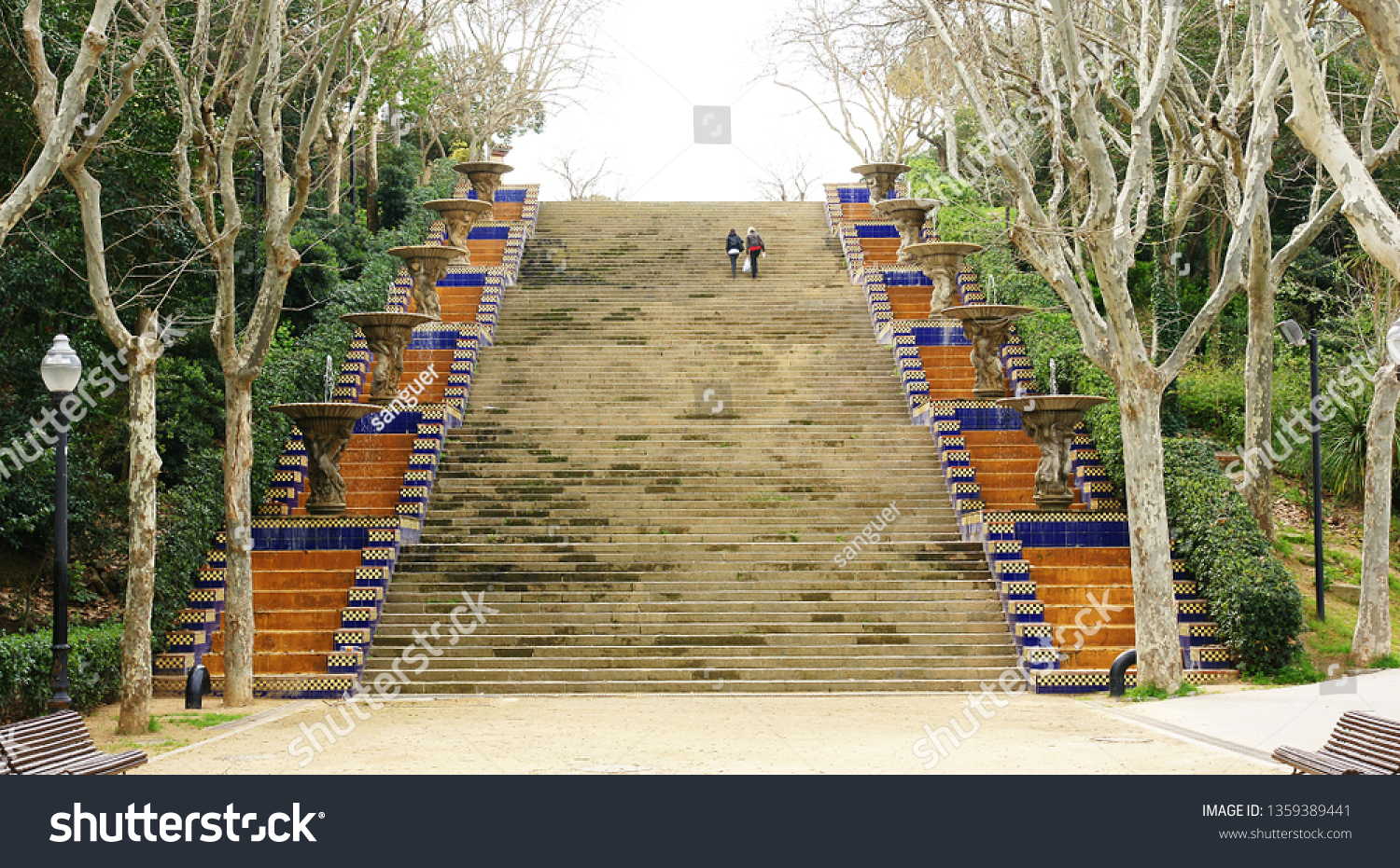 Stairs with ornamental pots in Montjuic, Barcelona, Catalunya, Spain, Europe #1359389441