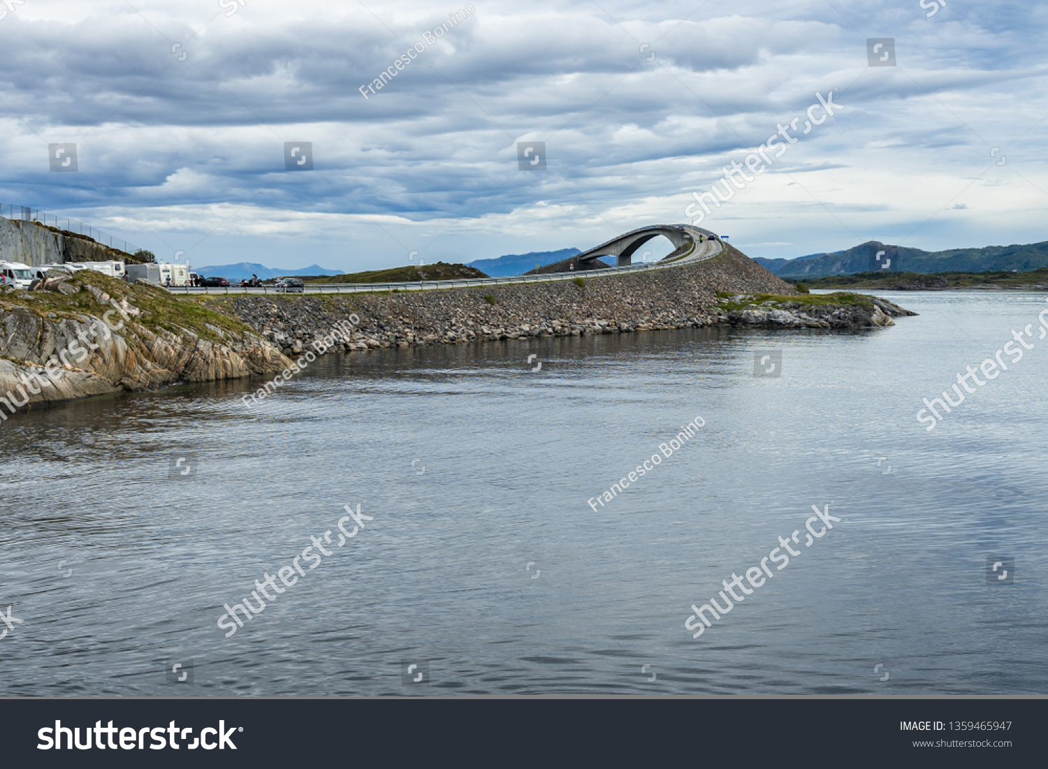 Atlantic Road with the famous Storseisundet Bridge popular site to film automotive commercials, More og Romsdal, Norway #1359465947