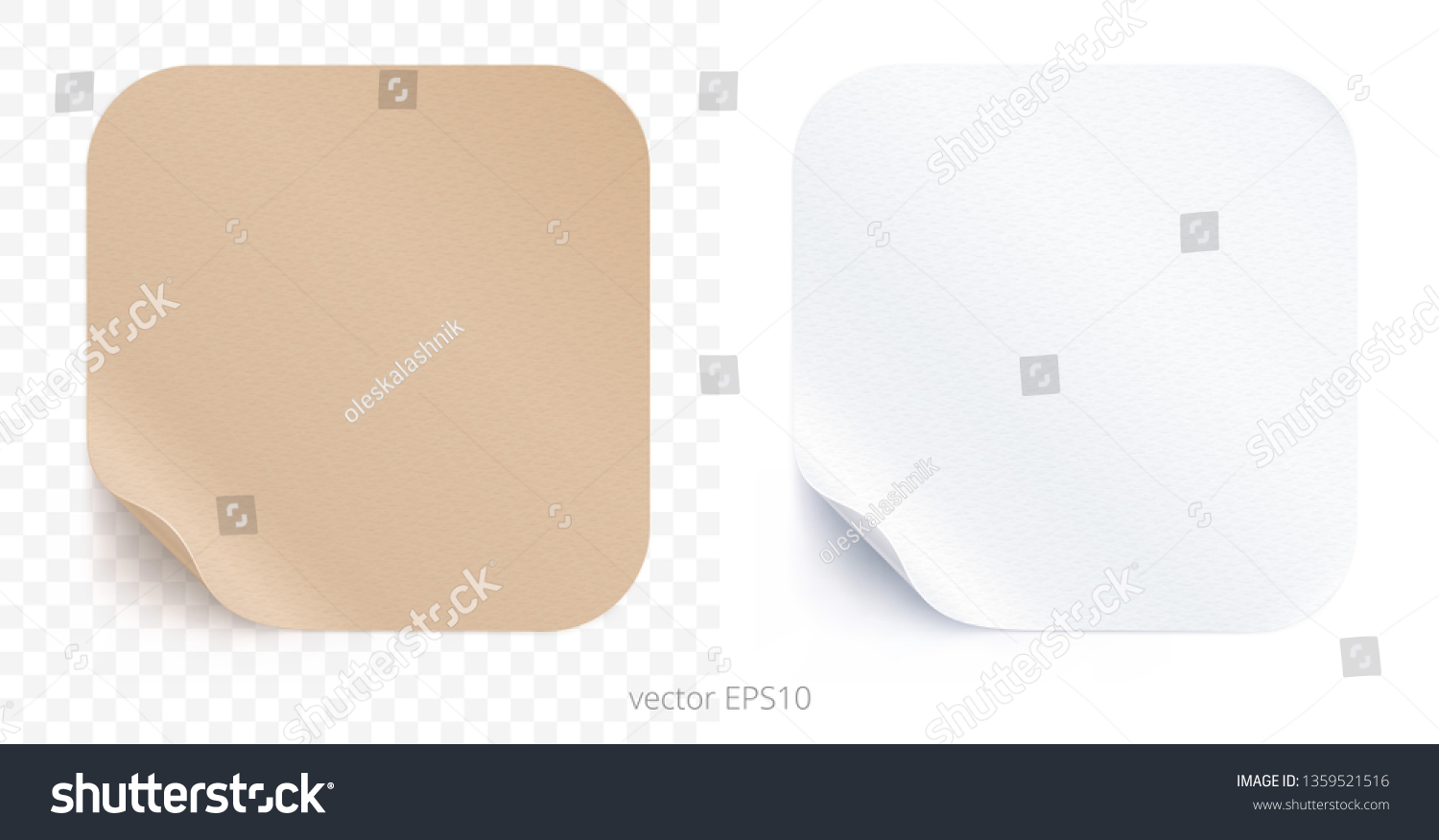 Vector set of adhesive stickers with a folded edges. Tan cardboard and white paper rounded squares. Blank templates of a price tags. Empty mockup for any memos. Realistic textures. Transparent shadows #1359521516