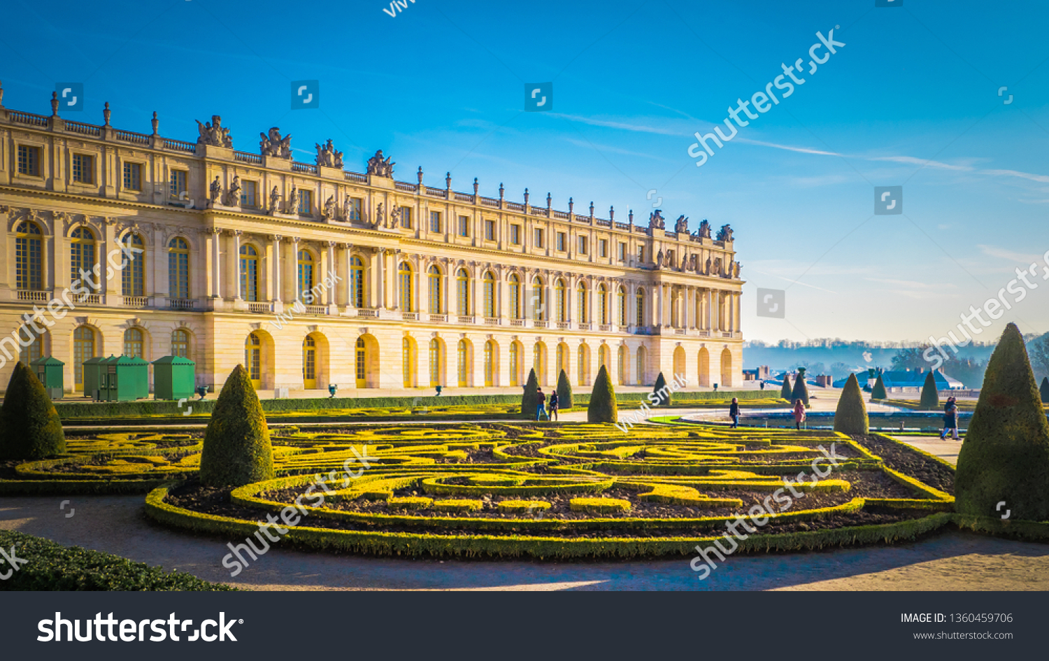 Famous palace Versailles with beautiful gardens outdoors near Paris, France. The Palace Versailles was a royal chateau and was added to the UNESCO list of World Heritage Sites.  #1360459706