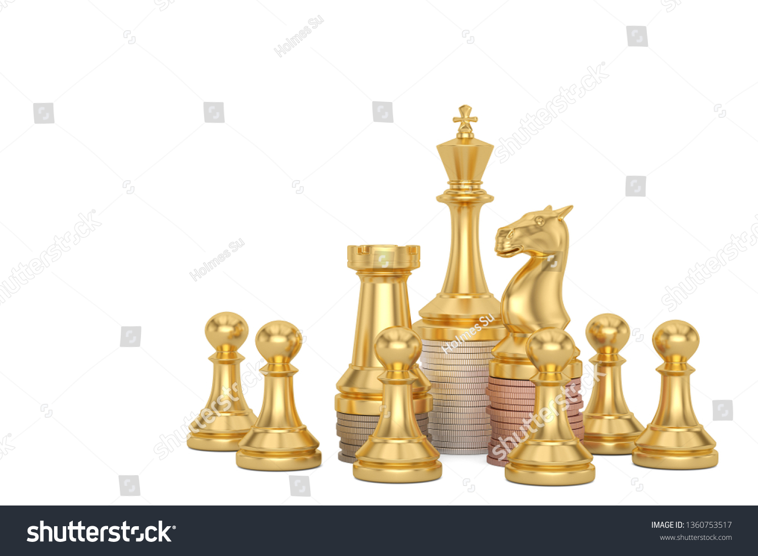 Golden chess and coin stacks  isolated on white background 3D illustration. #1360753517