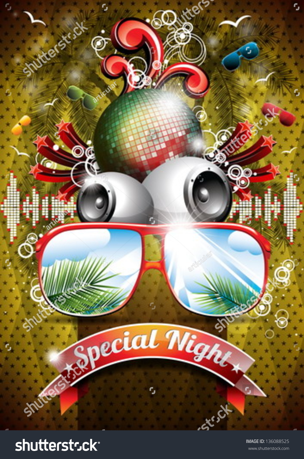 Vector Summer Beach Party Flyer Design with disco ball and sunglasses on abstract tropical background