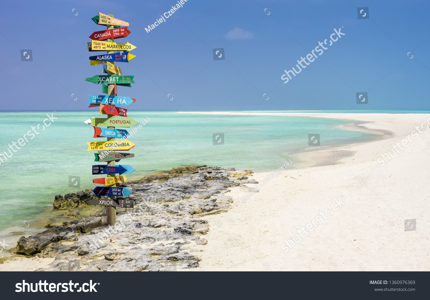 Funny different world directions signpost with distance to many different countries #1360976369