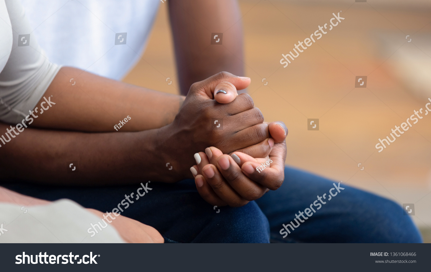 African american family couple holding hands, black man friend husband support comfort woman wife, hope empathy concept, trust care in marriage relationship, honesty and understanding, close up view #1361068466