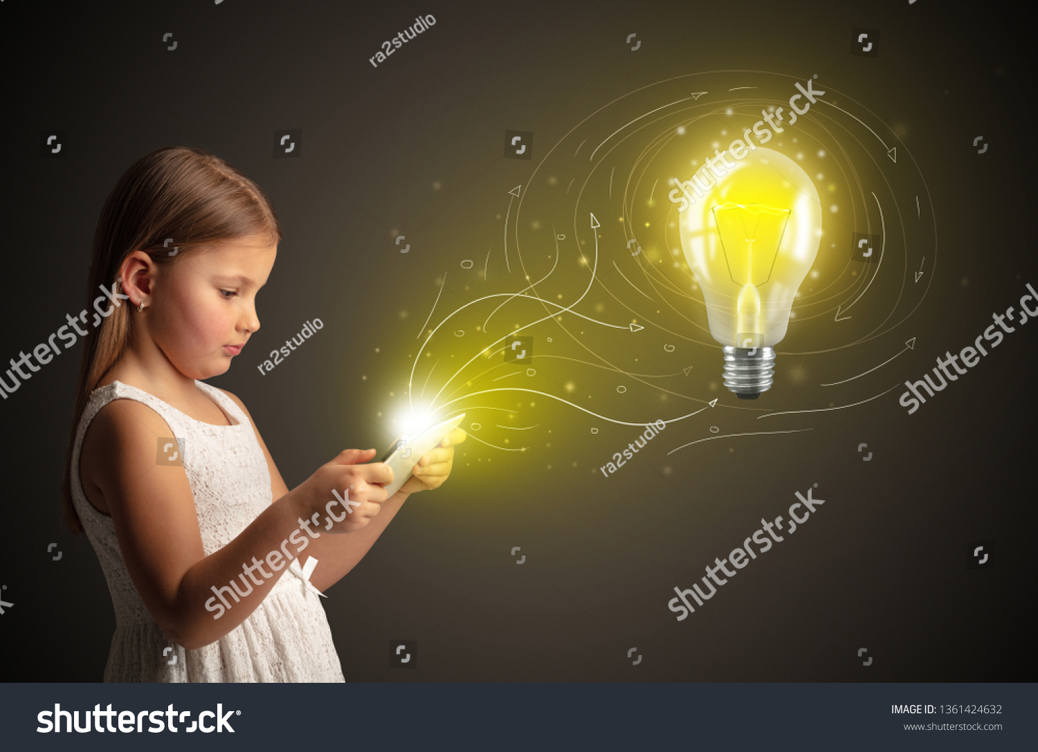 Adorable girl working on tablet with new idea concept #1361424632