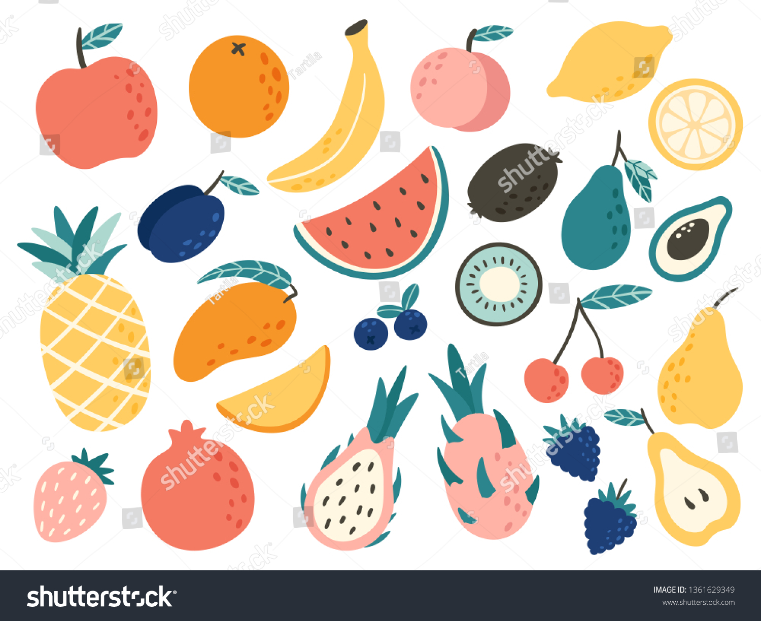 Doodle fruits. Natural tropical fruit, doodles citrus orange and vitamin lemon. Vegan kitchen apple hand drawn, organic fruits or vegetarian food. Vector isolated icons illustration set #1361629349