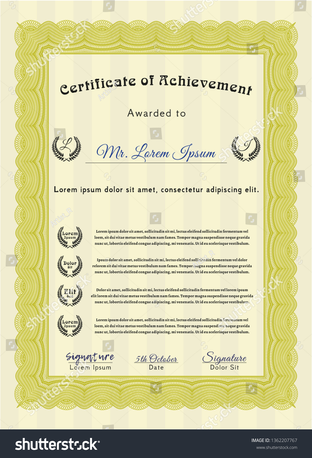Yellow Diploma or certificate template. Modern design. With great quality guilloche pattern. Detailed.  #1362207767