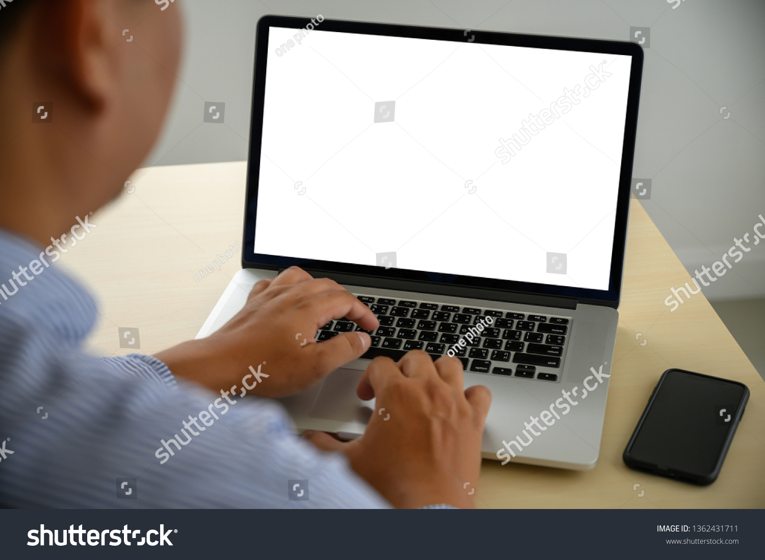 business man working blogger creativity on his laptop with blank copy space Laptop with blank screen Mock up Blank screen computer phone communication computer  #1362431711