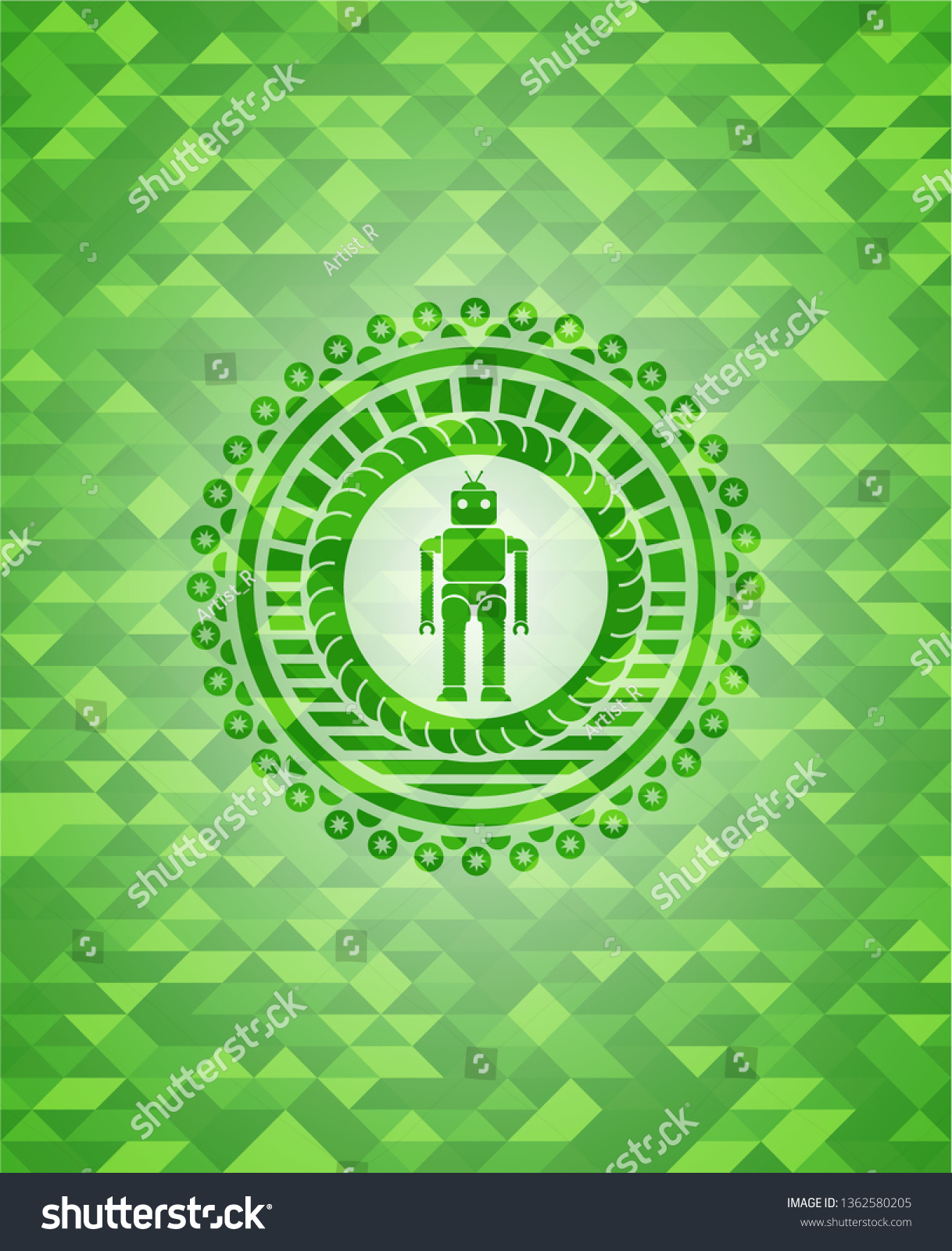 robot icon inside green emblem with triangle mosaic background #1362580205