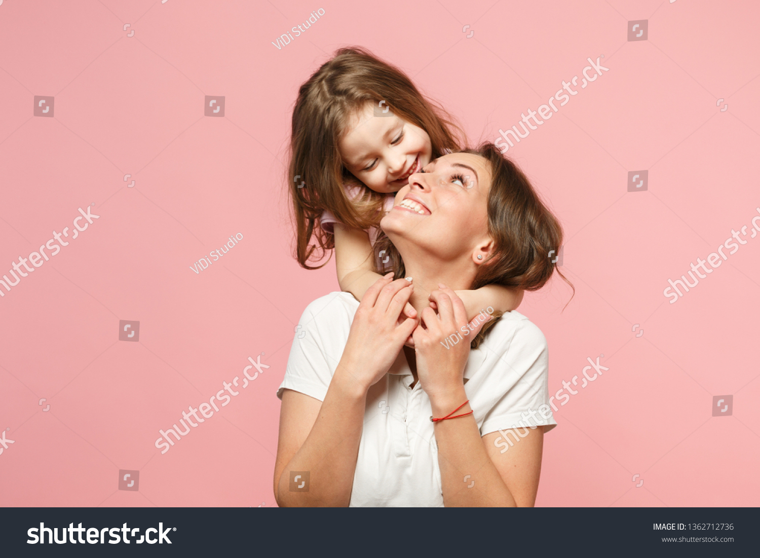 Woman mama in light clothes have fun with cute child baby girl. Mother little kid daughter isolated on pastel pink wall background studio portrait Mother's Day love family parenthood childhood concept #1362712736